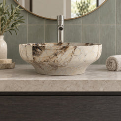 Shaela Pandora Blanc Quartzite Vessel Sink — low frontal bathroom lifestyle
