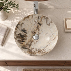 Shaela Pandora Blanc Quartzite Vessel Sink — overhead bathroom lifestyle