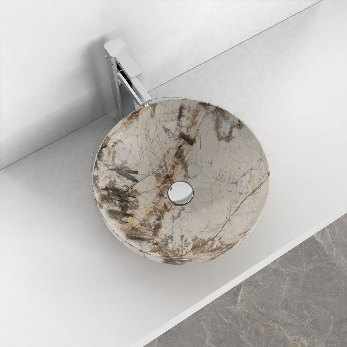 Shaela Pandora Blanc Quartzite Vessel Sink, second countertop view showing the rim and bowl