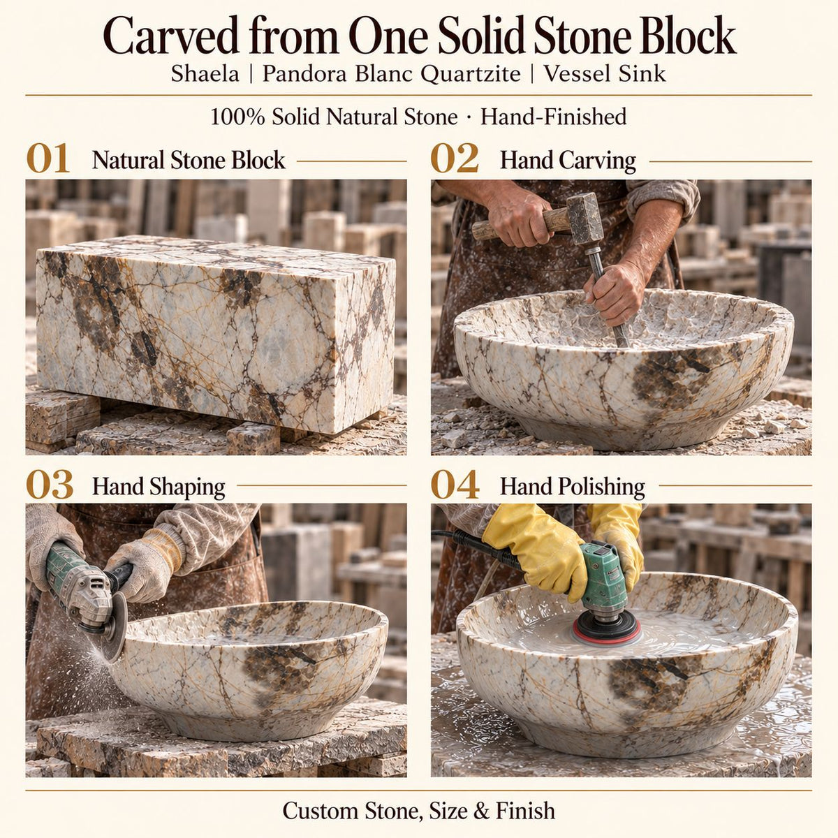 Shaela Pandora Blanc Quartzite Vessel Sink carved from one solid stone block, showing manual hammer-and-chisel carving, hand shaping and hand polishing; custom stone, size and finish.