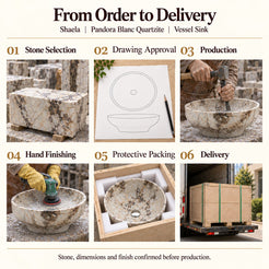Shaela Pandora Blanc Quartzite Vessel Sink from order to delivery: material selection, drawing approval, production, hand finishing, protective foam packing in a plywood crate and delivery; specifications confirmed before production.