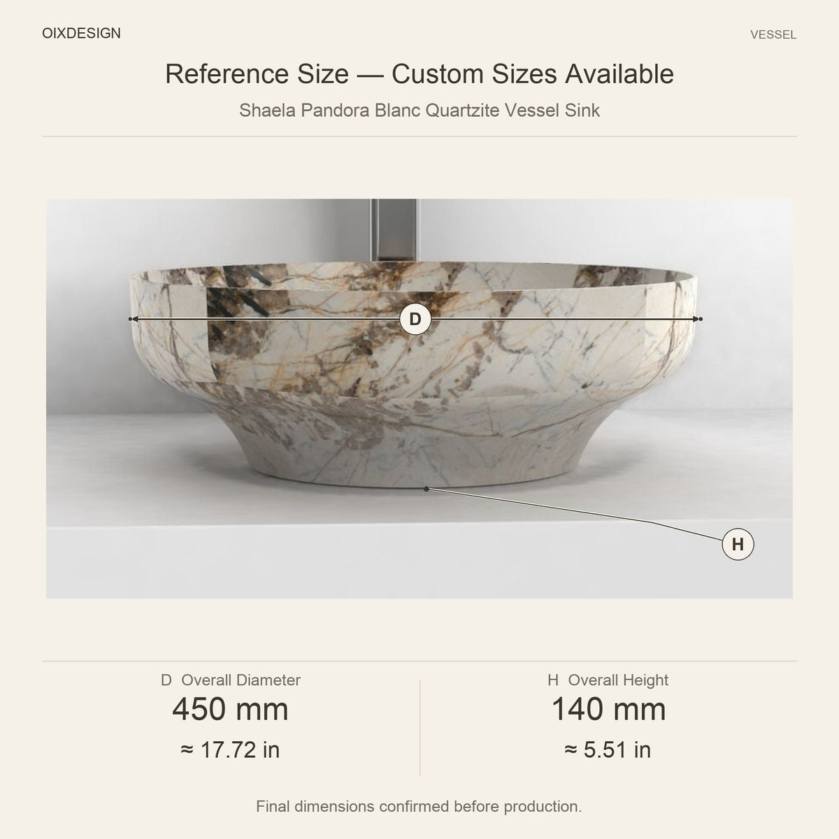Shaela Pandora Blanc Quartzite Vessel Sink reference overall dimensions in millimeters and inches