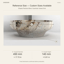 Shaela Pandora Blanc Quartzite Vessel Sink reference overall dimensions in millimeters and inches