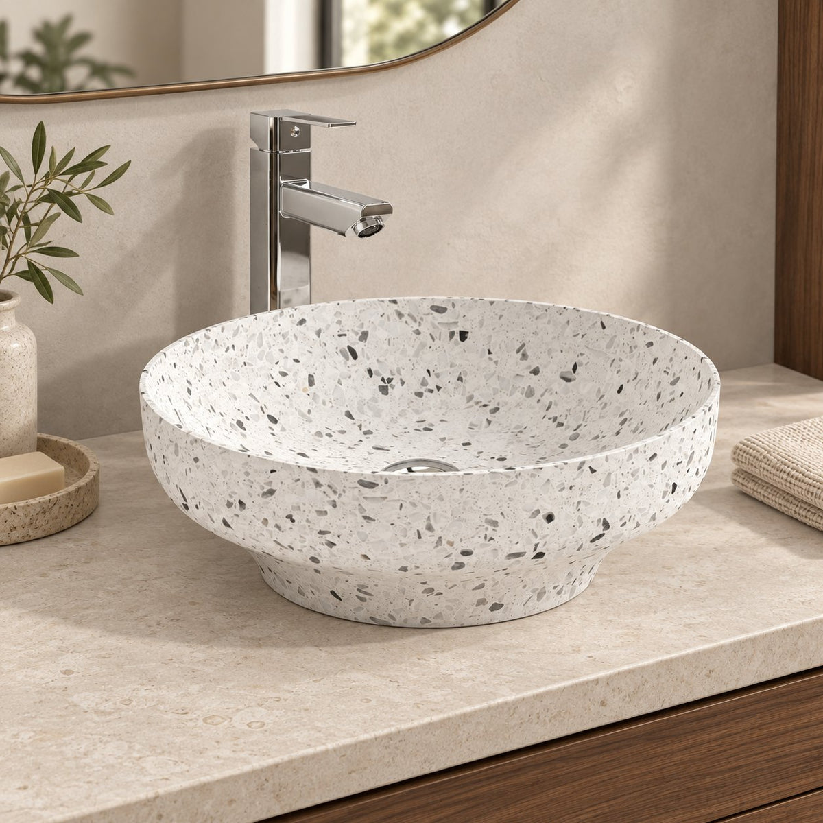 Shaela White Terrazzo Vessel Sink — three-quarter bathroom lifestyle