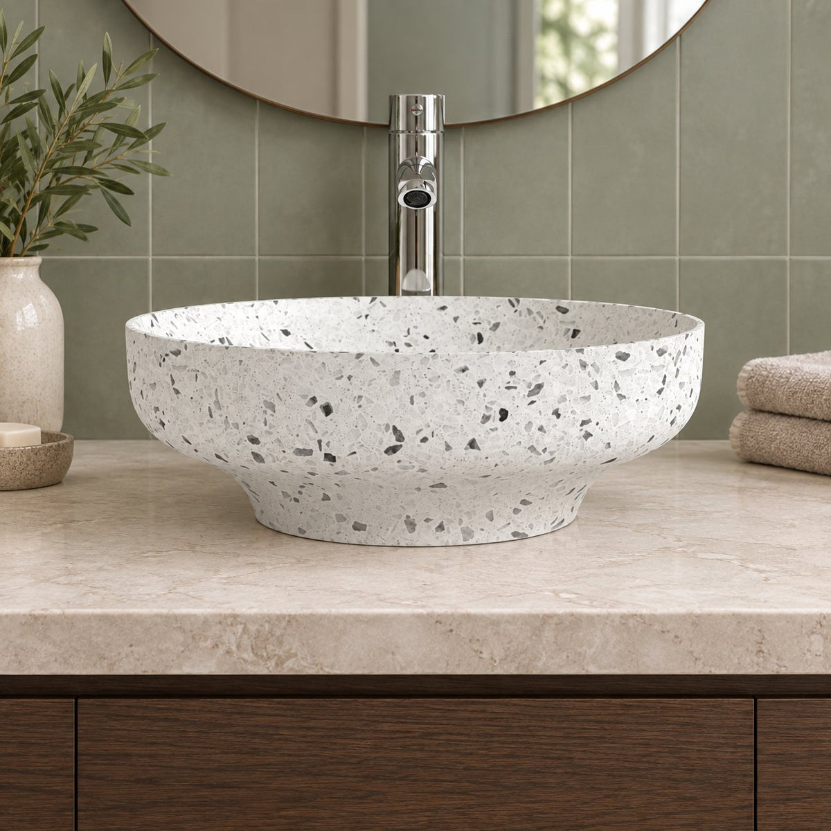 Shaela White Terrazzo Vessel Sink — low frontal bathroom lifestyle