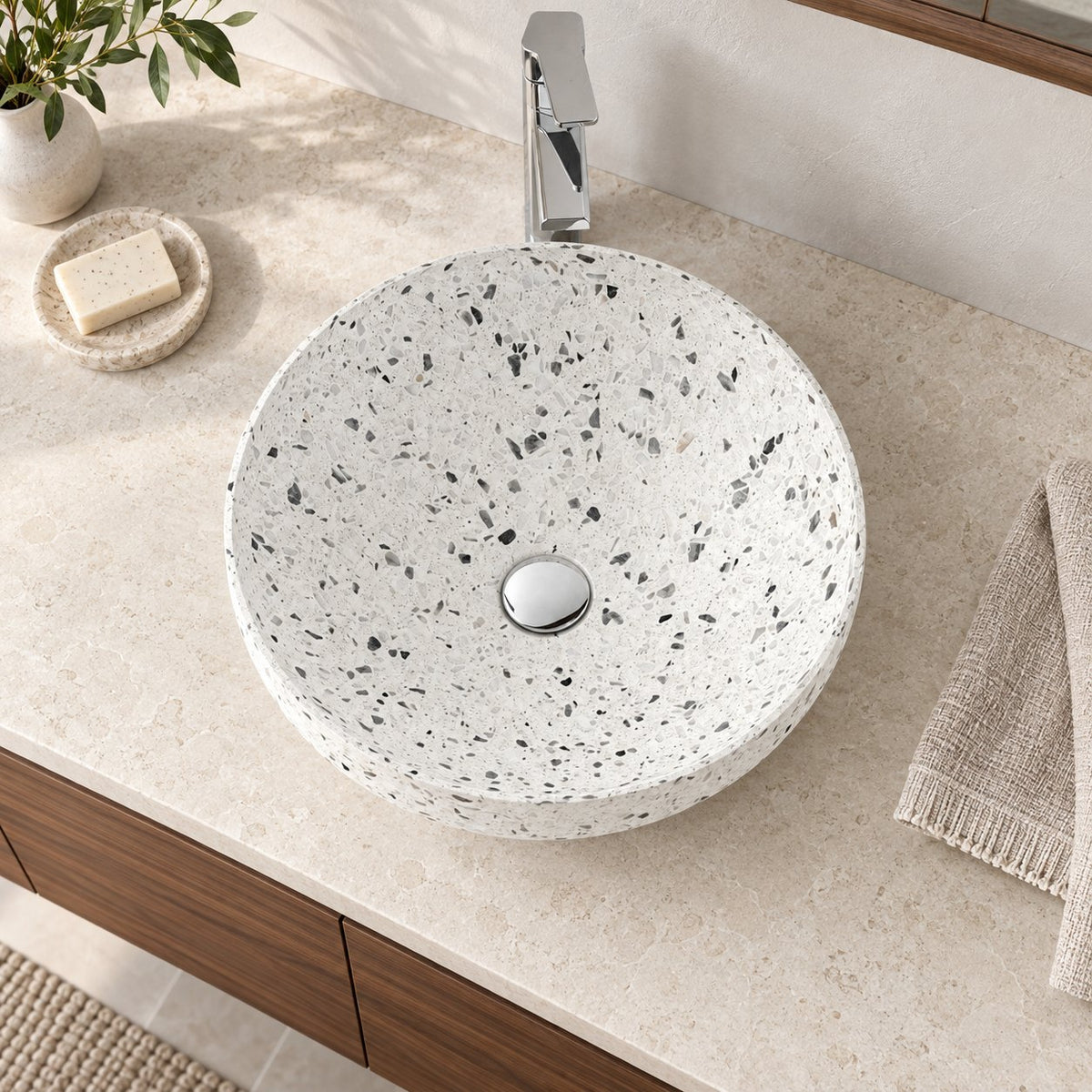 Shaela White Terrazzo Vessel Sink — overhead bathroom lifestyle