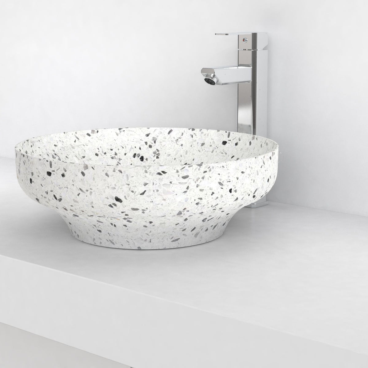 Shaela White Terrazzo Vessel Sink, countertop hero lifestyle view