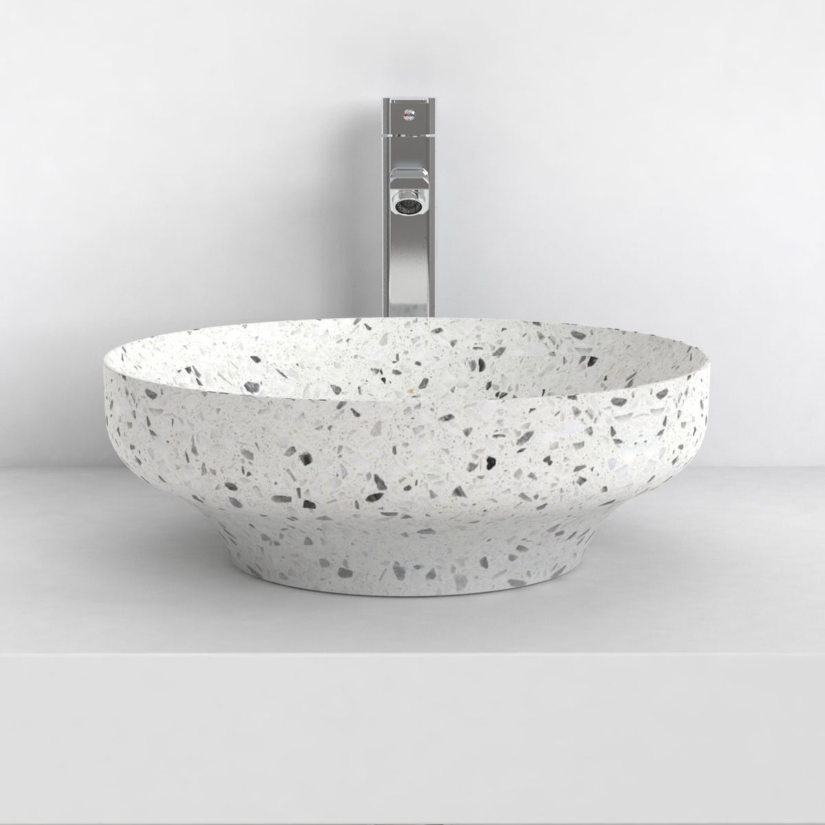Shaela White Terrazzo Vessel Sink, overall bowl form and side profile