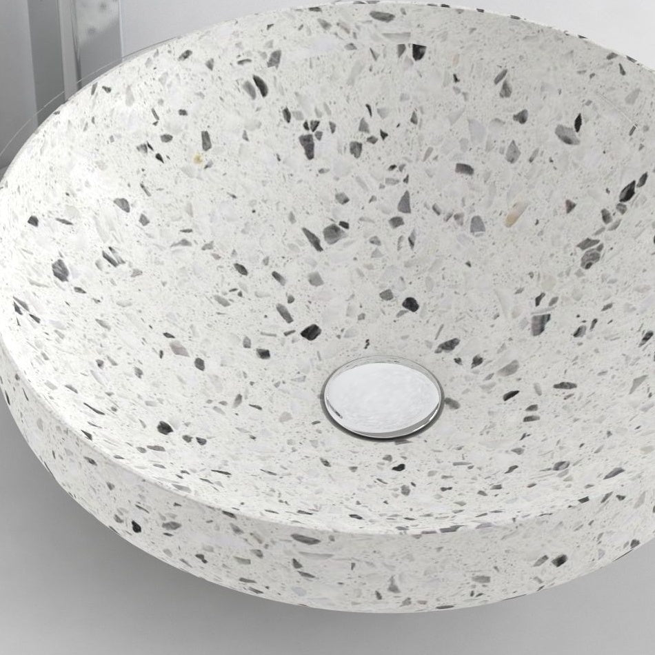 Shaela White Terrazzo Vessel Sink, interior, material and drain area detail