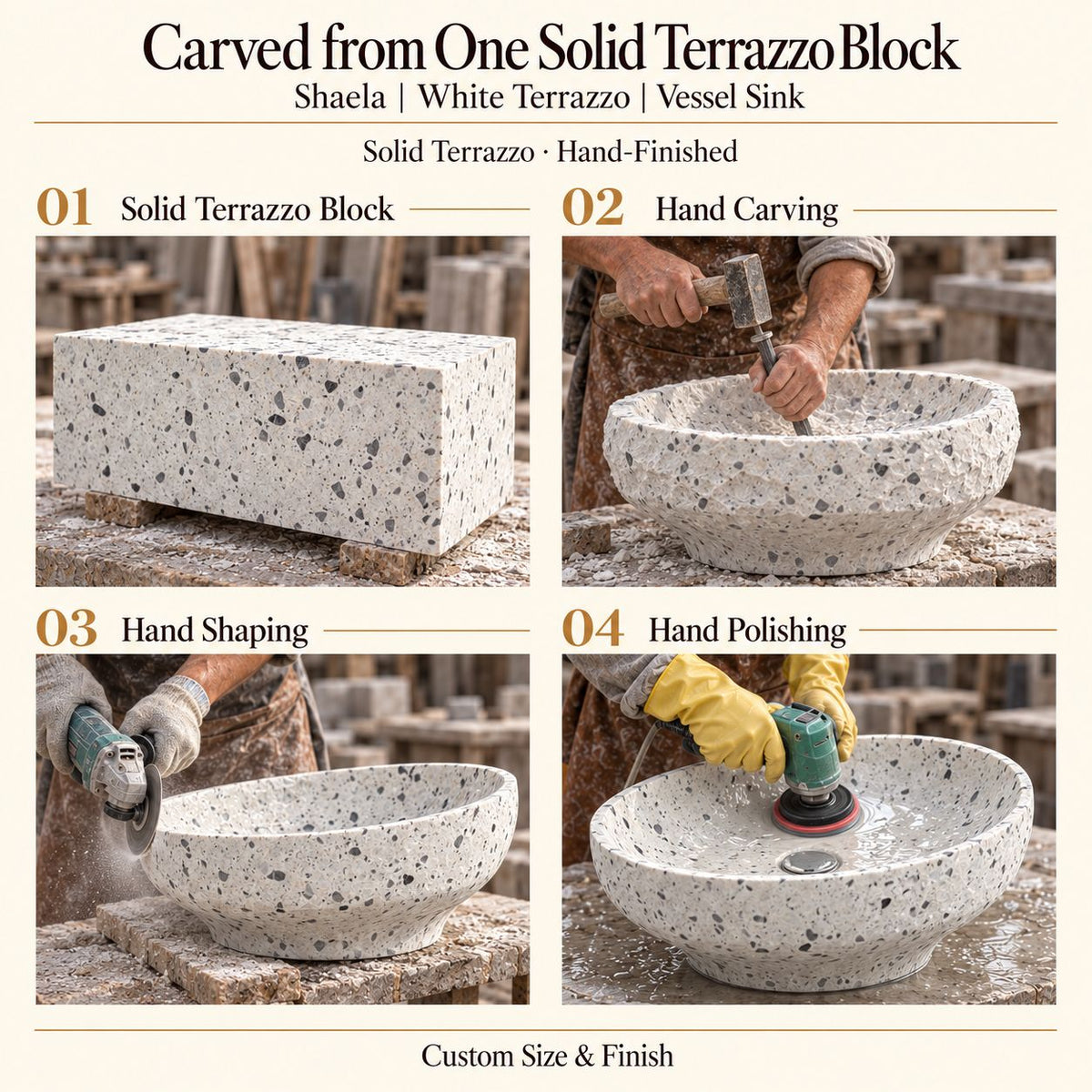 Shaela White Terrazzo Vessel Sink carved from one solid terrazzo block, with hand carving, hand shaping and hand polishing; custom size and finish.