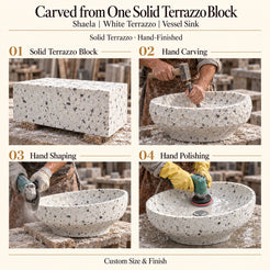 Shaela White Terrazzo Vessel Sink carved from one solid terrazzo block, with hand carving, hand shaping and hand polishing; custom size and finish.