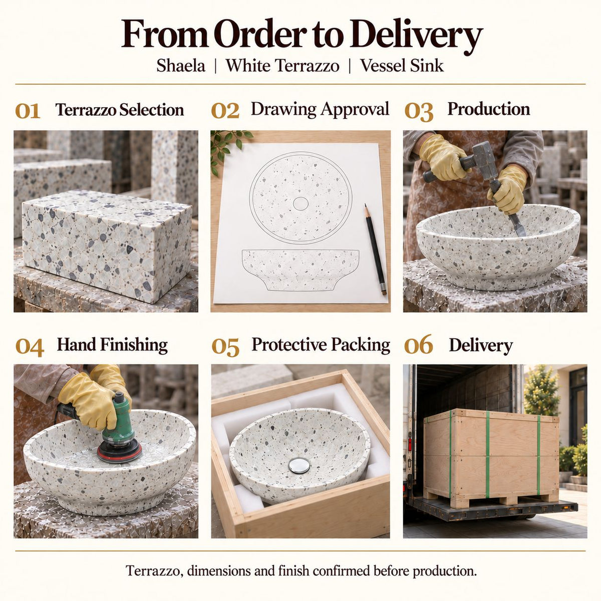 Shaela White Terrazzo Vessel Sink from order to delivery: material selection, drawing approval, production, hand finishing, protective foam packing in a plywood crate and delivery; specifications confirmed before production.