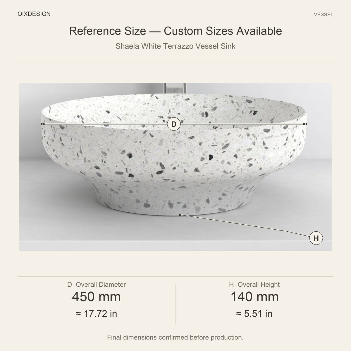 Shaela White Terrazzo Vessel Sink reference overall dimensions in millimeters and inches
