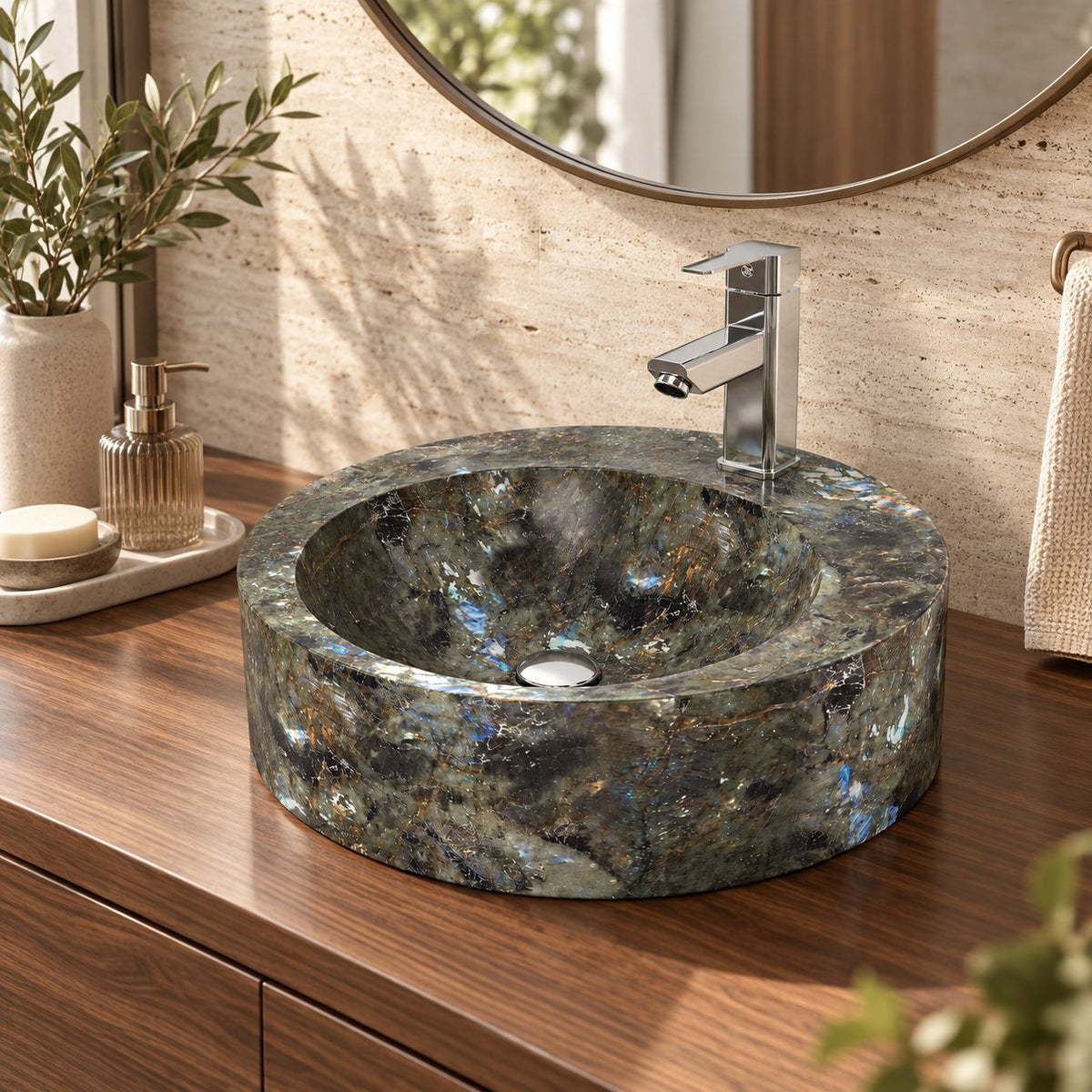 Shafia Celestia Blue Quartzite Vessel Sink — three-quarter bathroom lifestyle