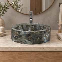 Shafia Celestia Blue Quartzite Vessel Sink — low frontal bathroom lifestyle