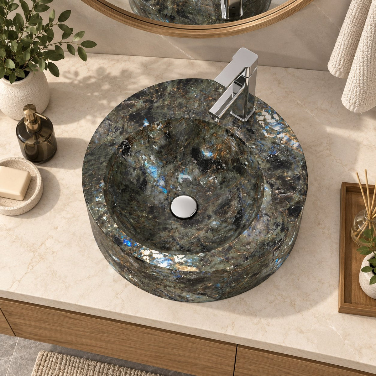 Shafia Celestia Blue Quartzite Vessel Sink — overhead bathroom lifestyle