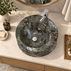 Shafia Celestia Blue Quartzite Vessel Sink — overhead bathroom lifestyle