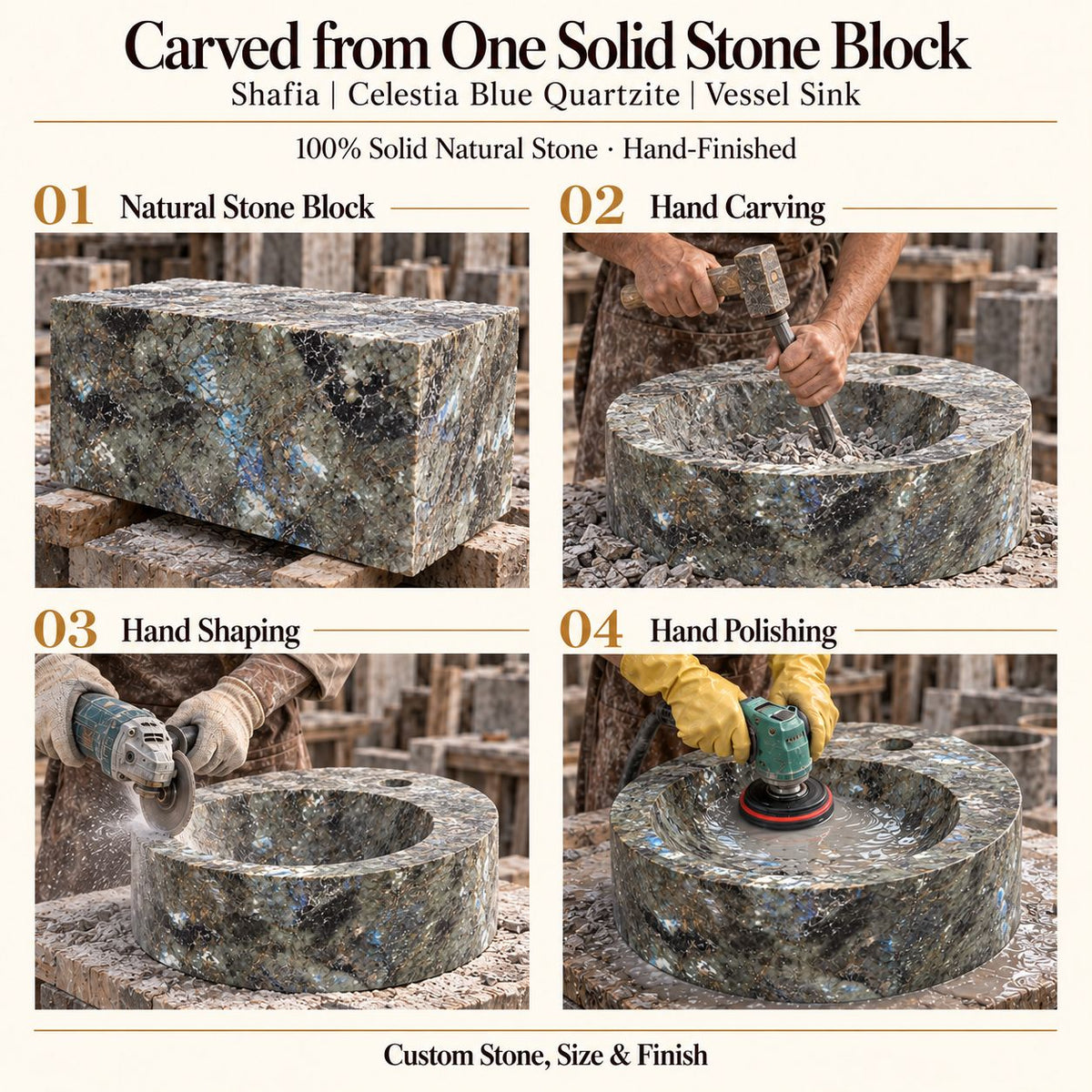 Shafia Celestia Blue Quartzite Vessel Sink carved from one solid stone block, showing manual hammer-and-chisel carving, hand shaping and hand polishing; custom stone, size and finish.