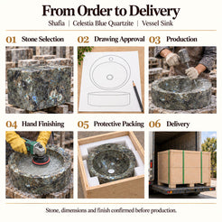 Shafia Celestia Blue Quartzite Vessel Sink from order to delivery: material selection, drawing approval, production, hand finishing, protective foam packing in a plywood crate and delivery; specifications confirmed before production.