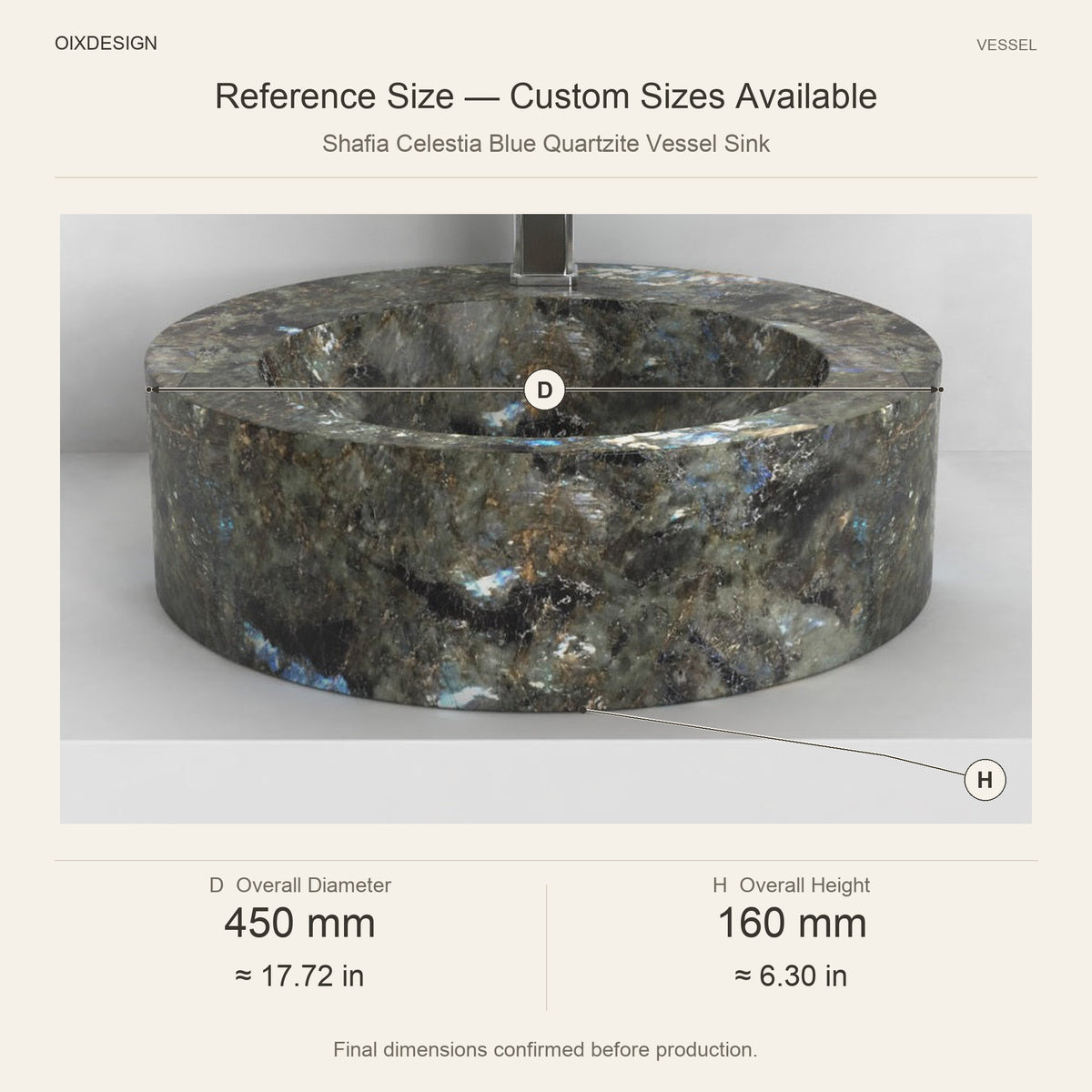 Shafia Celestia Blue Quartzite Vessel Sink reference overall dimensions in millimeters and inches
