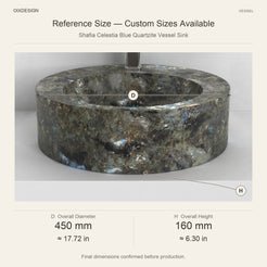 Shafia Celestia Blue Quartzite Vessel Sink reference overall dimensions in millimeters and inches
