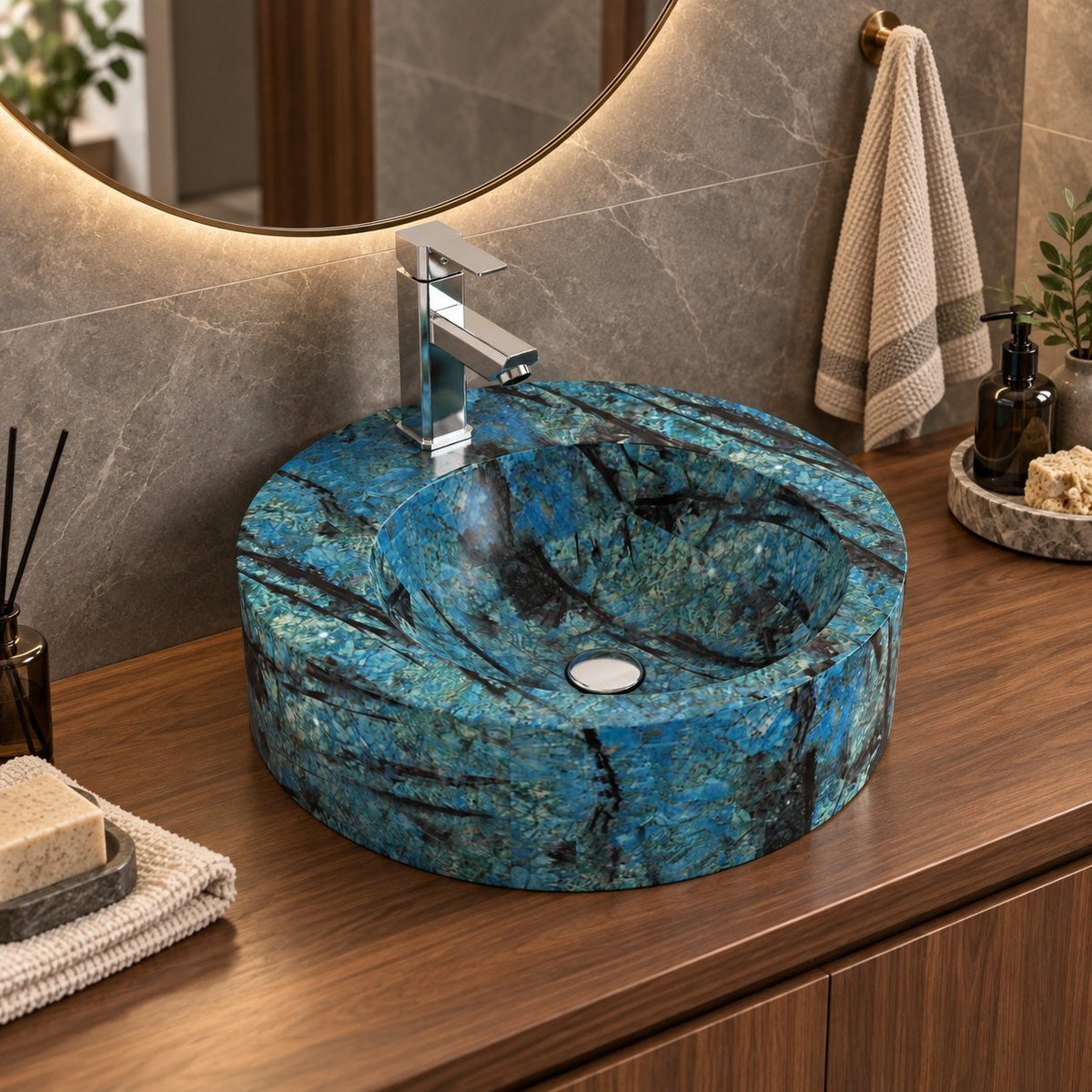 Shafia Danube Blue Quartzite Vessel Sink — three-quarter bathroom lifestyle