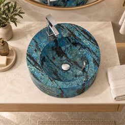 Shafia Danube Blue Quartzite Vessel Sink — overhead bathroom lifestyle