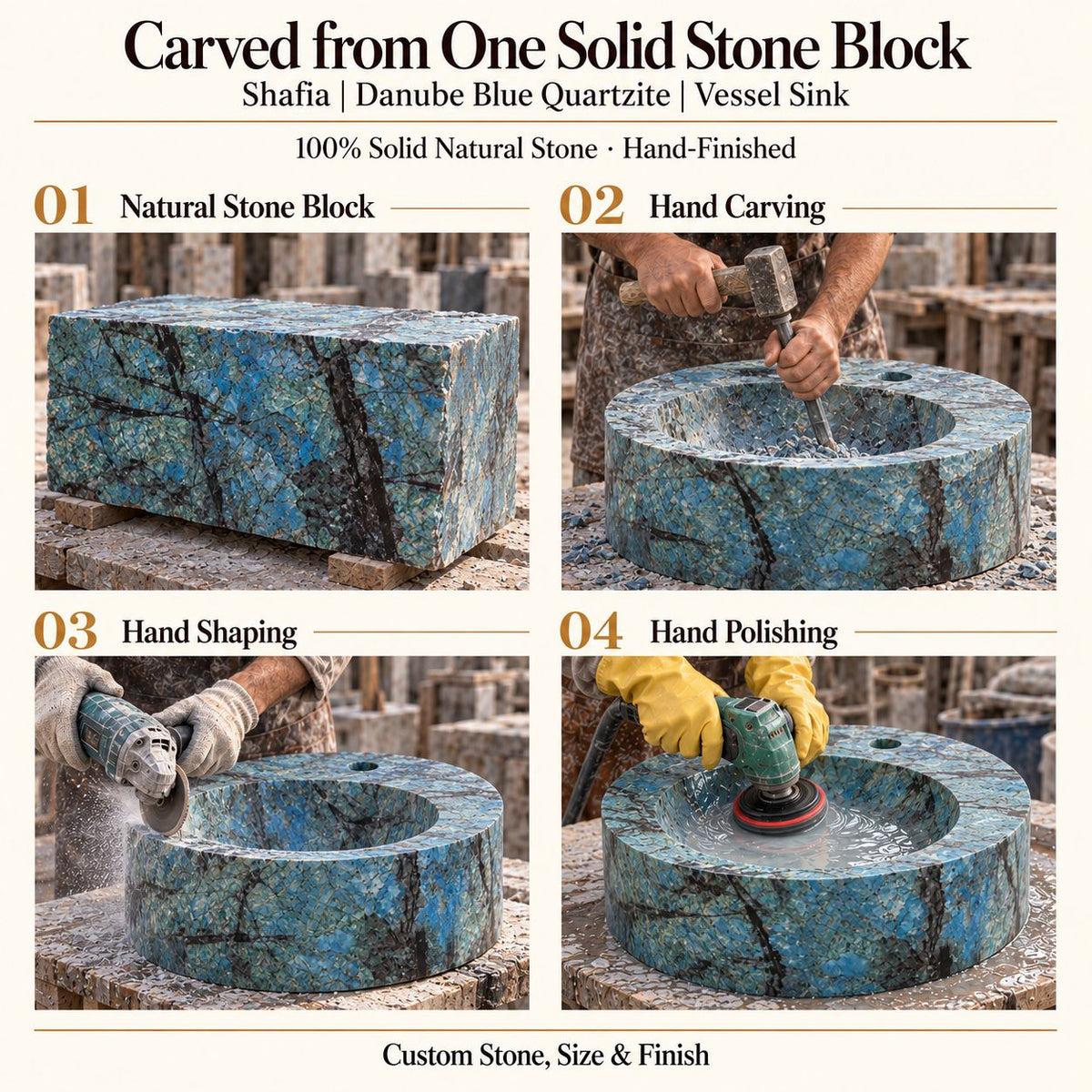 Shafia Danube Blue Quartzite Vessel Sink carved from one solid stone block, showing manual hammer-and-chisel carving, hand shaping and hand polishing; custom stone, size and finish.