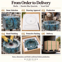 Shafia Danube Blue Quartzite Vessel Sink from order to delivery: material selection, drawing approval, production, hand finishing, protective foam packing in a plywood crate and delivery; specifications confirmed before production.