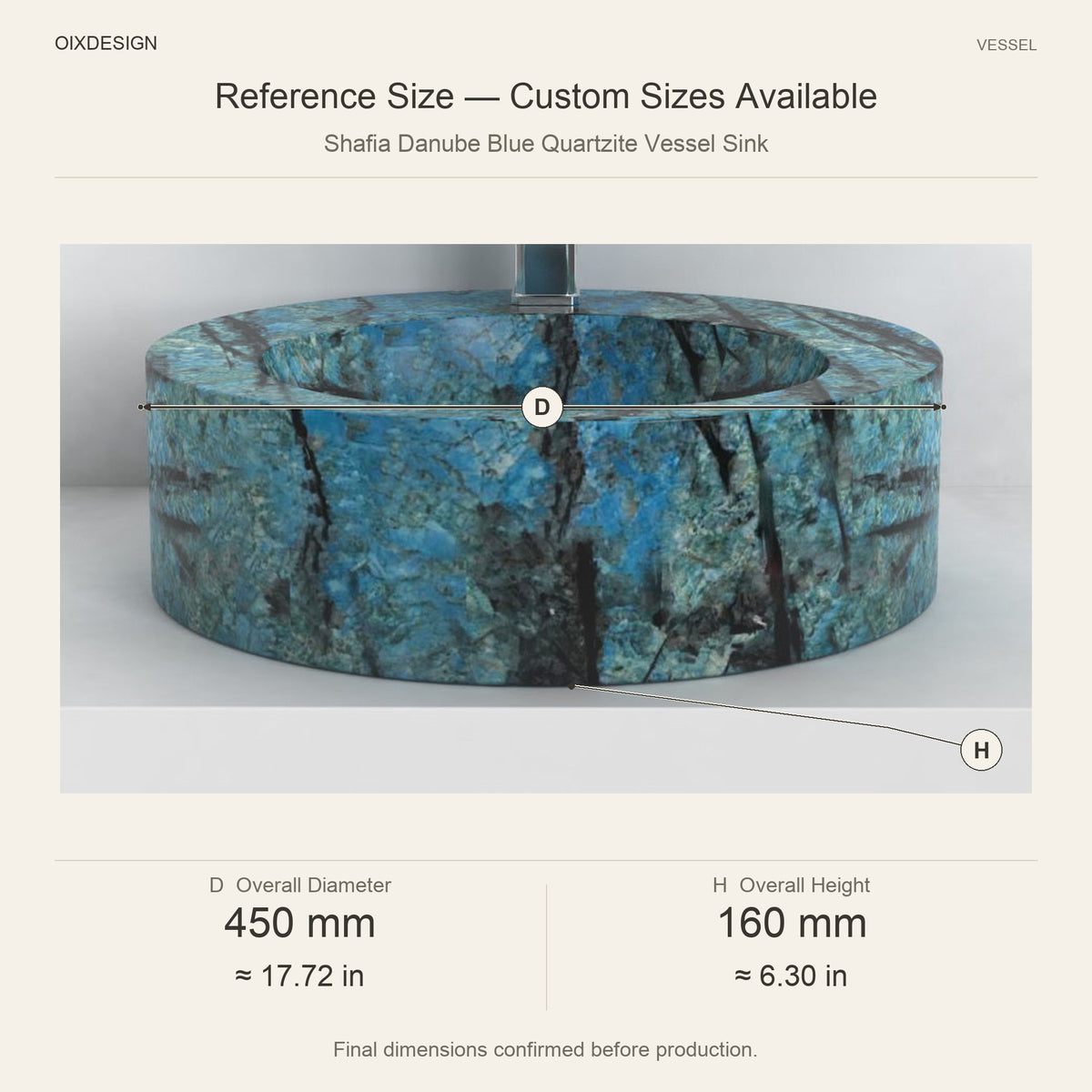 Shafia Danube Blue Quartzite Vessel Sink reference overall dimensions in millimeters and inches