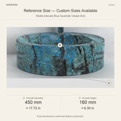 Shafia Danube Blue Quartzite Vessel Sink reference overall dimensions in millimeters and inches