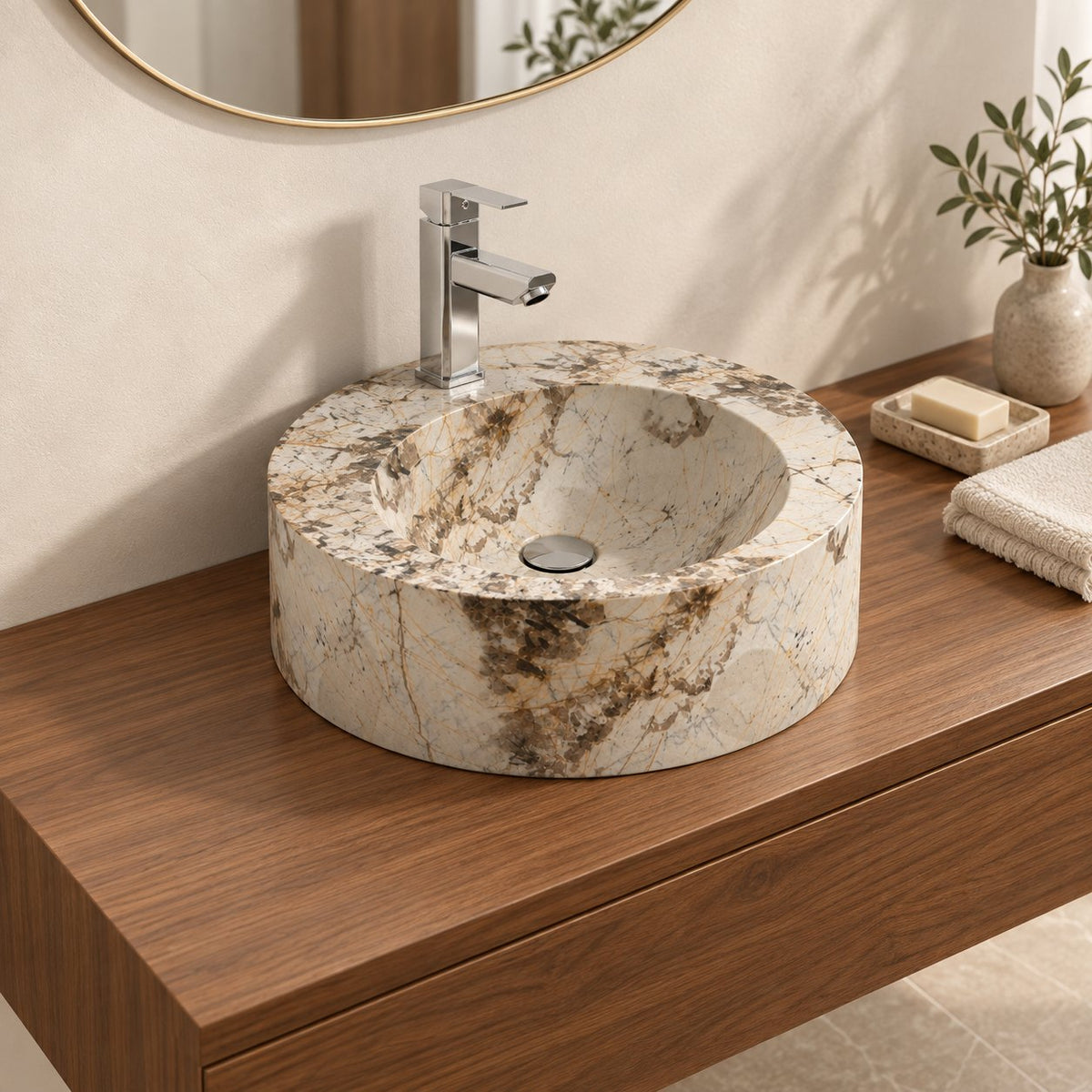 Shafia Pandora Blanc Quartzite Vessel Sink — three-quarter bathroom lifestyle