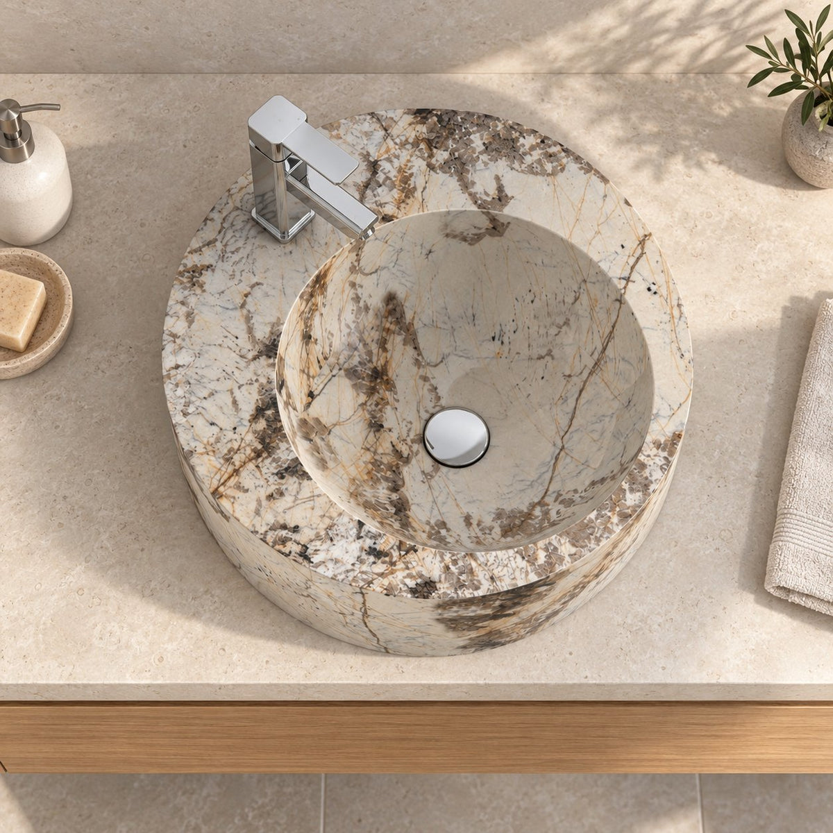 Shafia Pandora Blanc Quartzite Vessel Sink — overhead bathroom lifestyle