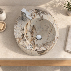 Shafia Pandora Blanc Quartzite Vessel Sink — overhead bathroom lifestyle