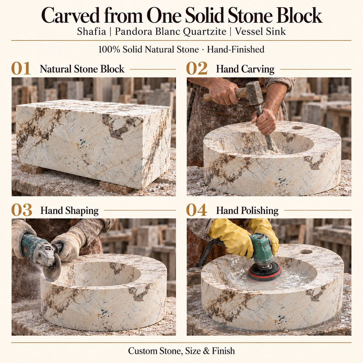 Shafia Pandora Blanc Quartzite Vessel Sink carved from one solid stone block, showing manual hammer-and-chisel carving, hand shaping and hand polishing; custom stone, size and finish.