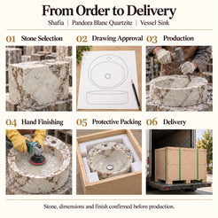Shafia Pandora Blanc Quartzite Vessel Sink from order to delivery: material selection, drawing approval, production, hand finishing, protective foam packing in a plywood crate and delivery; specifications confirmed before production.