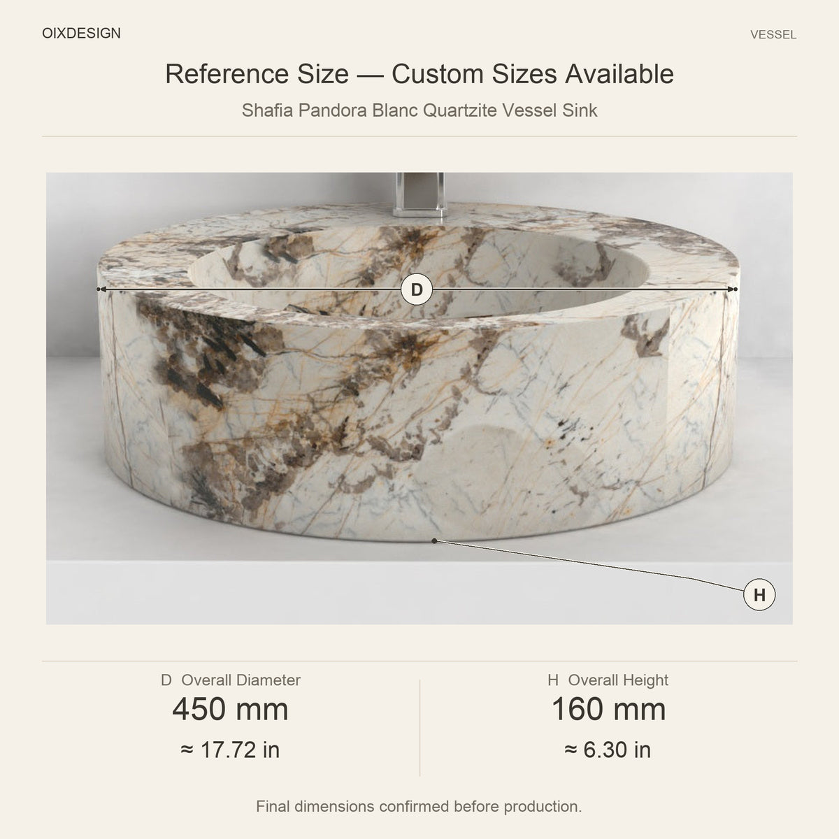 Shafia Pandora Blanc Quartzite Vessel Sink reference overall dimensions in millimeters and inches