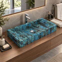 Shafira Danube Blue Quartzite Vessel Sink — three-quarter bathroom lifestyle