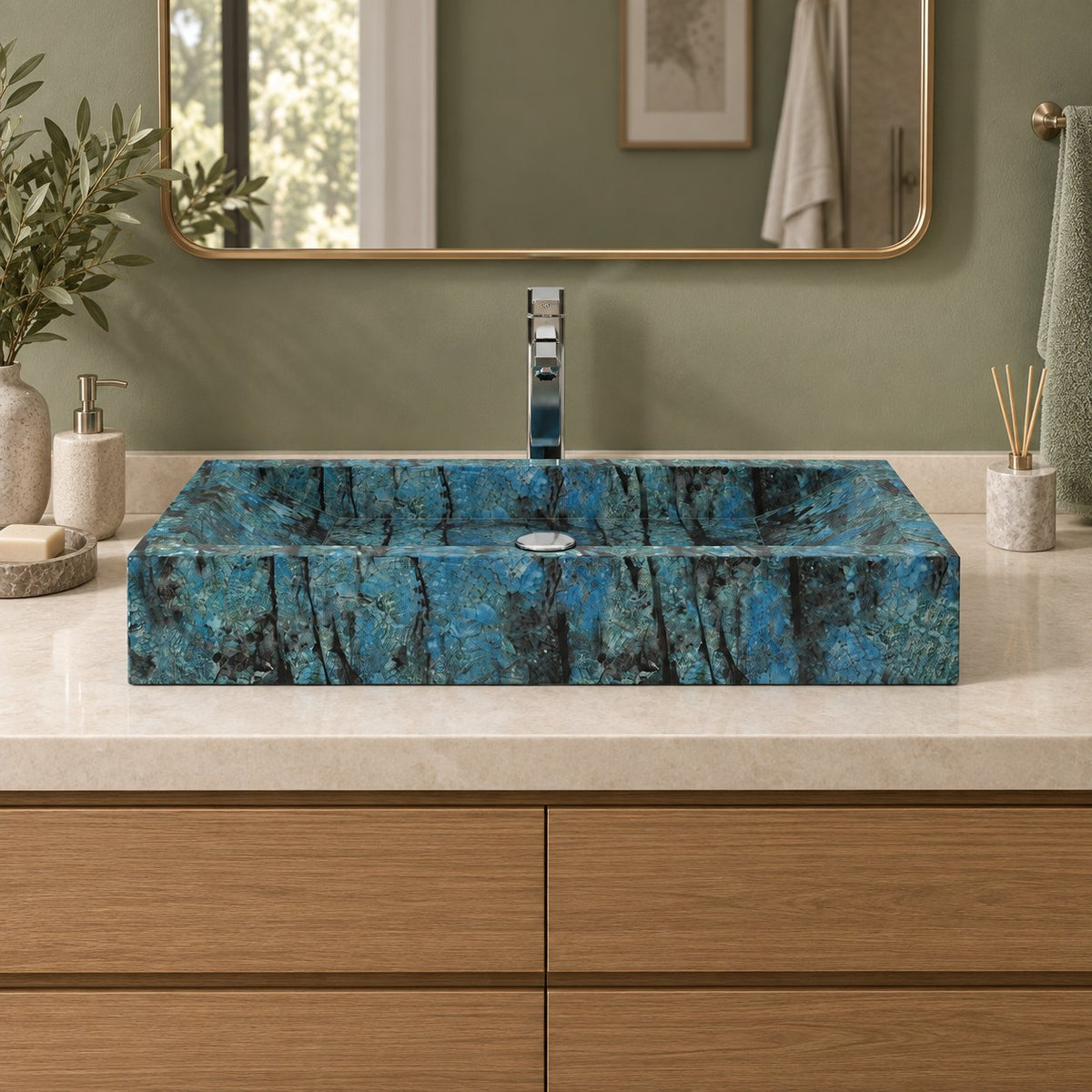 Shafira Danube Blue Quartzite Vessel Sink — low frontal bathroom lifestyle