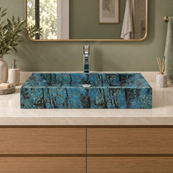 Shafira Danube Blue Quartzite Vessel Sink — low frontal bathroom lifestyle