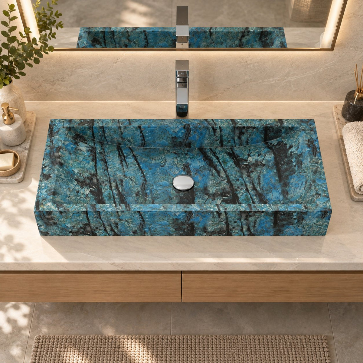 Shafira Danube Blue Quartzite Vessel Sink — overhead bathroom lifestyle