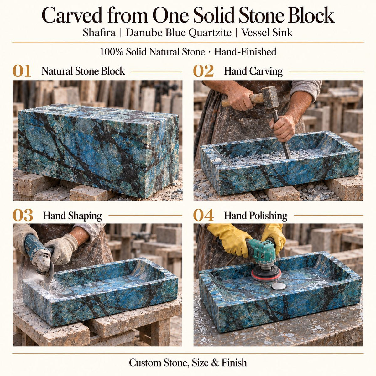 Shafira Danube Blue Quartzite Vessel Sink carved from one solid stone block, showing manual hammer-and-chisel carving, hand shaping and hand polishing; custom stone, size and finish.