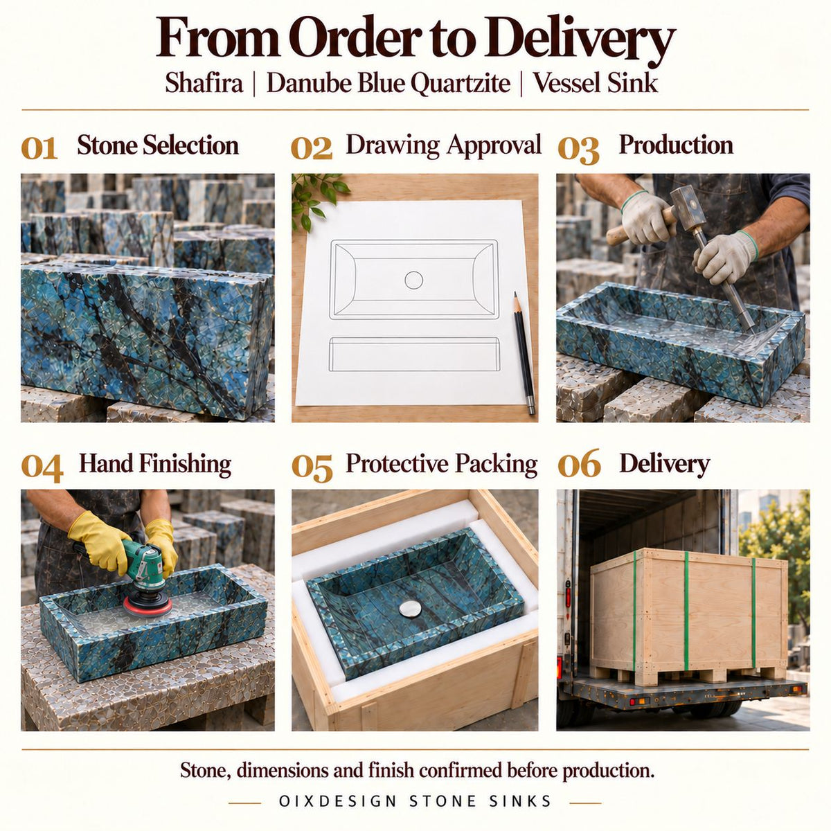 Shafira Danube Blue Quartzite Vessel Sink from order to delivery: material selection, drawing approval, production, hand finishing, protective foam packing in a plywood crate and delivery; specifications confirmed before production.