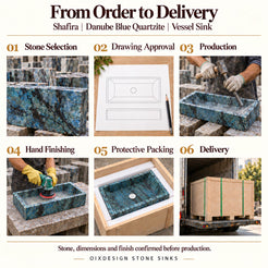 Shafira Danube Blue Quartzite Vessel Sink from order to delivery: material selection, drawing approval, production, hand finishing, protective foam packing in a plywood crate and delivery; specifications confirmed before production.