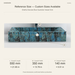 Shafira Danube Blue Quartzite Vessel Sink reference overall dimensions in millimeters and inches