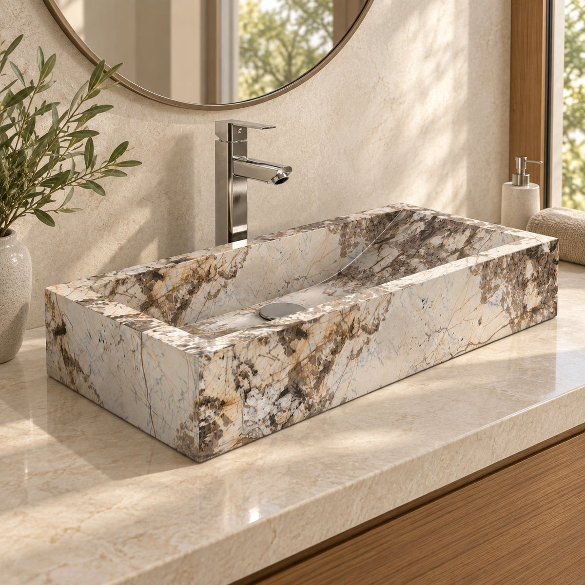 Shafira Pandora Blanc Quartzite Vessel Sink — three-quarter bathroom lifestyle