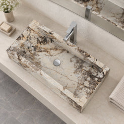 Shafira Pandora Blanc Quartzite Vessel Sink — overhead bathroom lifestyle