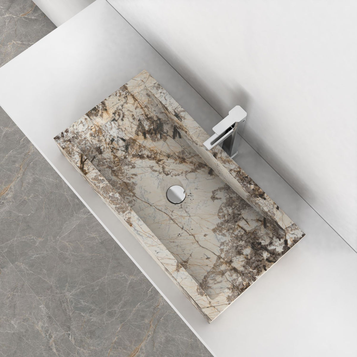 Shafira Pandora Blanc Quartzite Vessel Sink, interior, rim and material detail