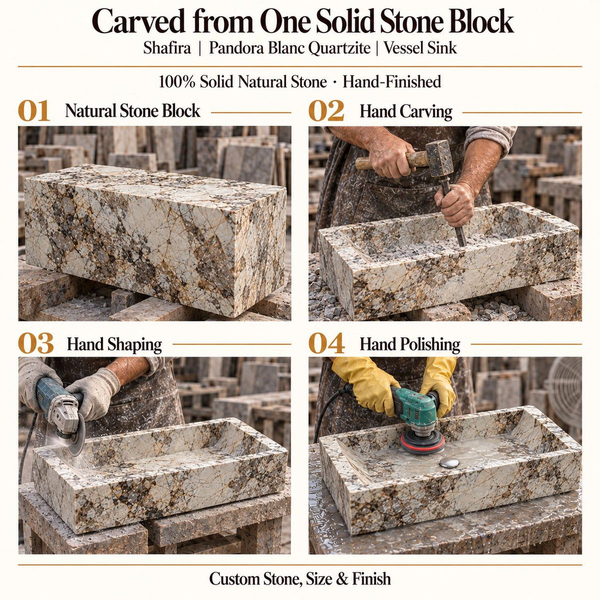 Shafira Pandora Blanc Quartzite Vessel Sink carved from one solid stone block, showing manual hammer-and-chisel carving, hand shaping and hand polishing; custom stone, size and finish.