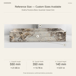 Shafira Pandora Blanc Quartzite Vessel Sink reference overall dimensions in millimeters and inches